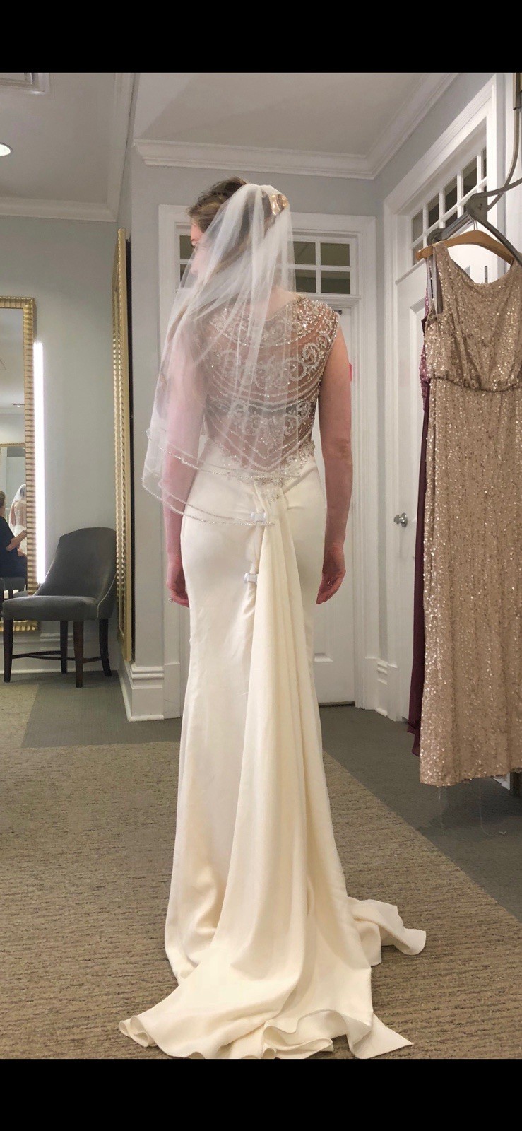 NWT $1,058 David’s bridal Beaded Back V Neck Ivory Sheath Wedding Dress 0