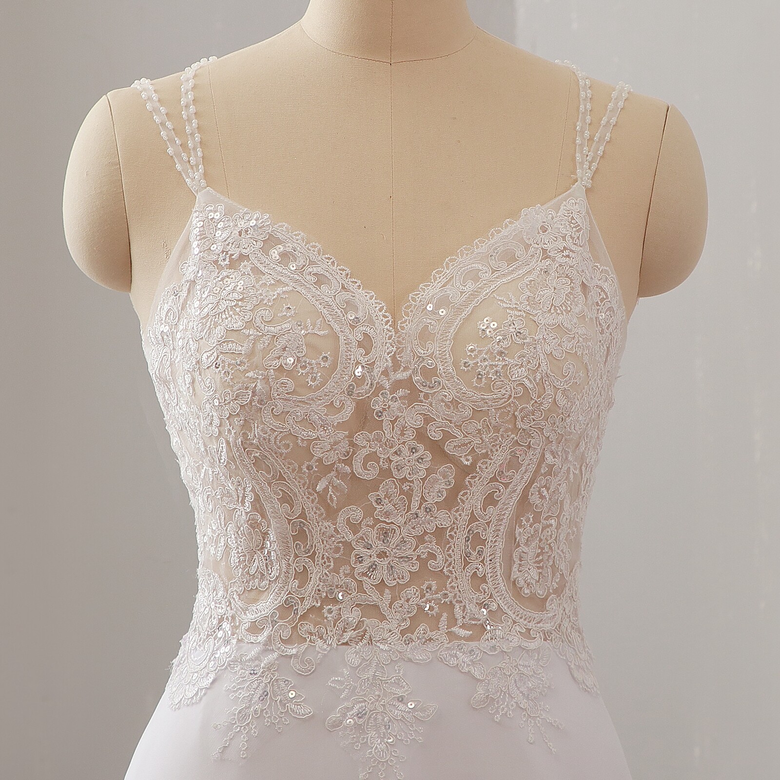 Beaded Flowy Chiffon Wedding Dress Bridal Gown Cross Straps Lace Bodice Sheer
