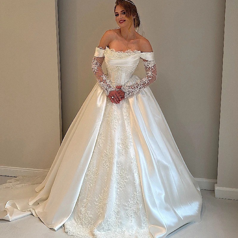 Graceful A Line Wedding Dress For Women Off Shoulder Long Sleeves Bridal Gowns