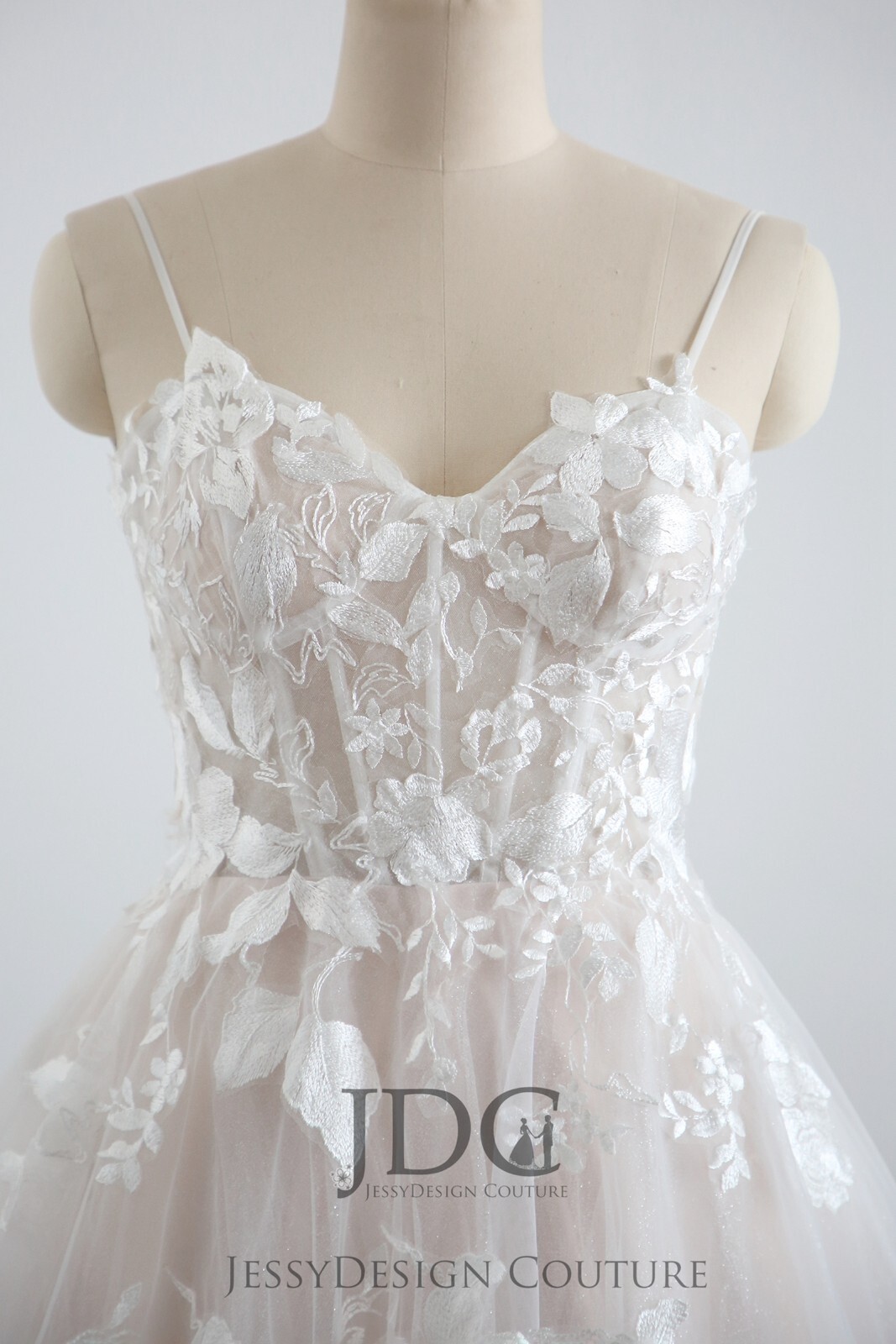 Floral Lace Wedding Dress Ball Gown Custom made 2-28W Plus Glitter Tulle Blush
