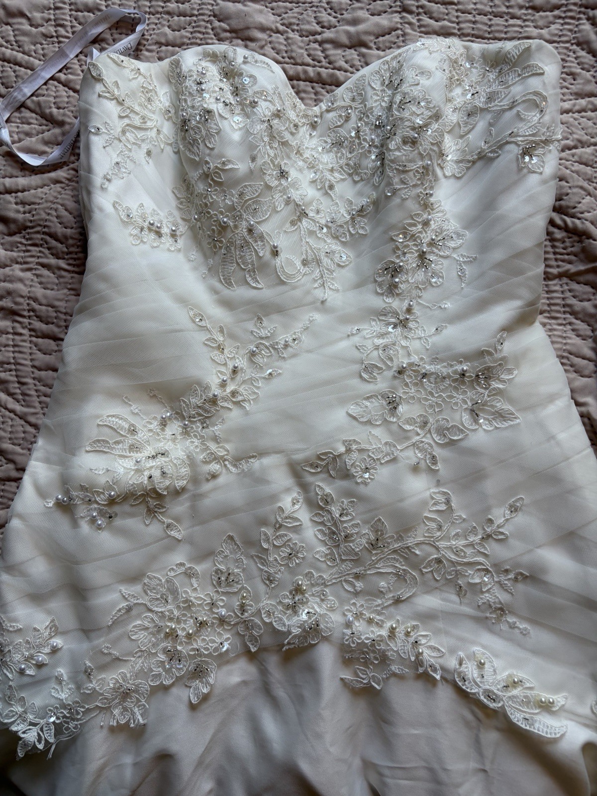 Ivory white chic classy David’s Bridal lace beaded strapless petite wedding gown