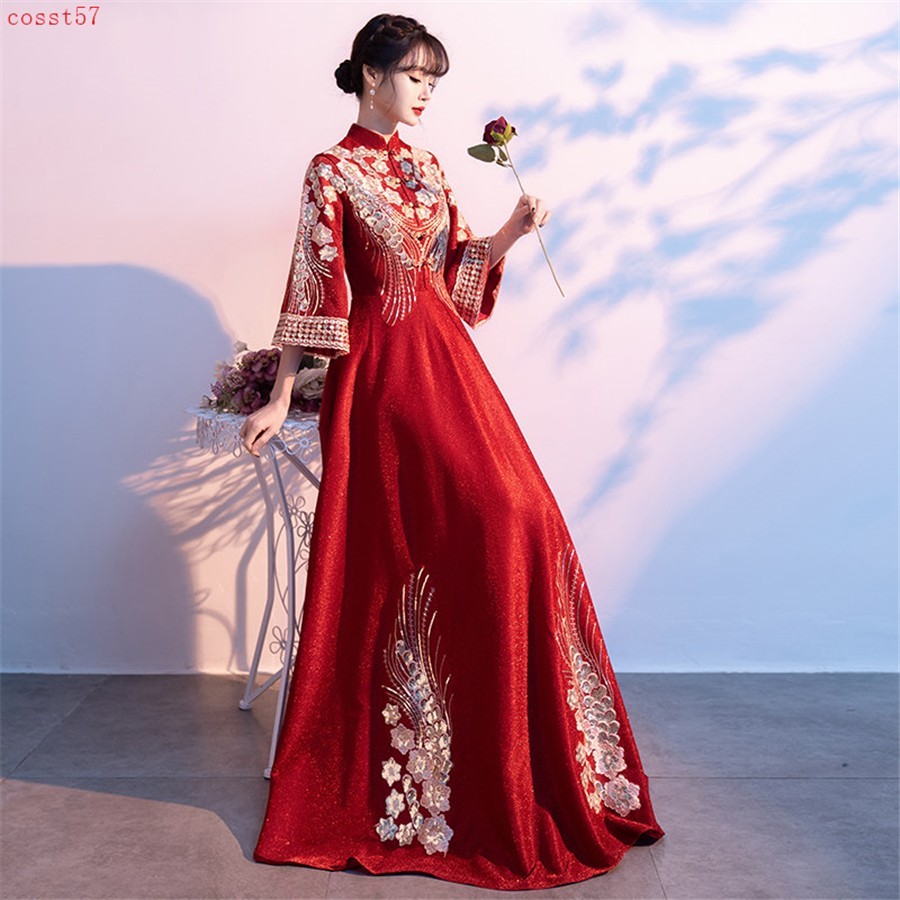 High-End Chinese Traditional Bride’s Wedding Dress Women’s Embroidery Cheongsam
