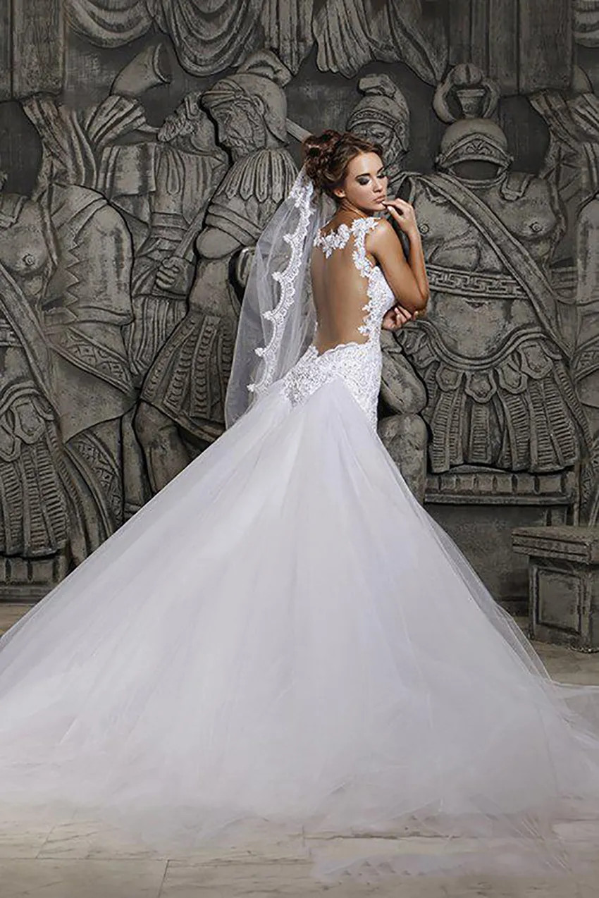 Lace appliques Mermaid Wedding Dresses Court Train Transparent Back Bridal Gowns