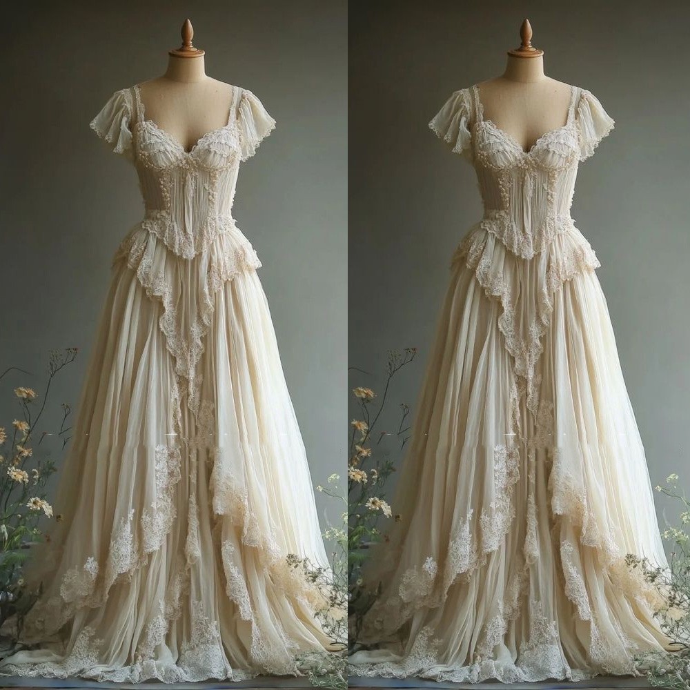 Champagne Wedding Dresses Cap Sleeves Full Length Ruffles Vintage Bridal Gowns