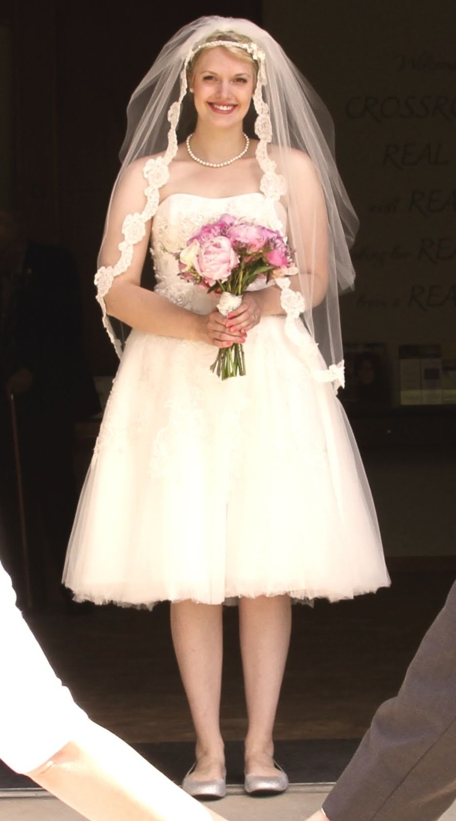 Oleg Cassini Tea Length Wedding Dress, Ivory, Size 10, Beaded Details