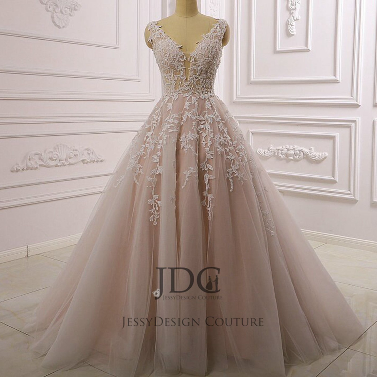 Ivory Pink Lace Wedding Dress Bridal Gown Beaded 32-60 Plus Size Strappy Buttons