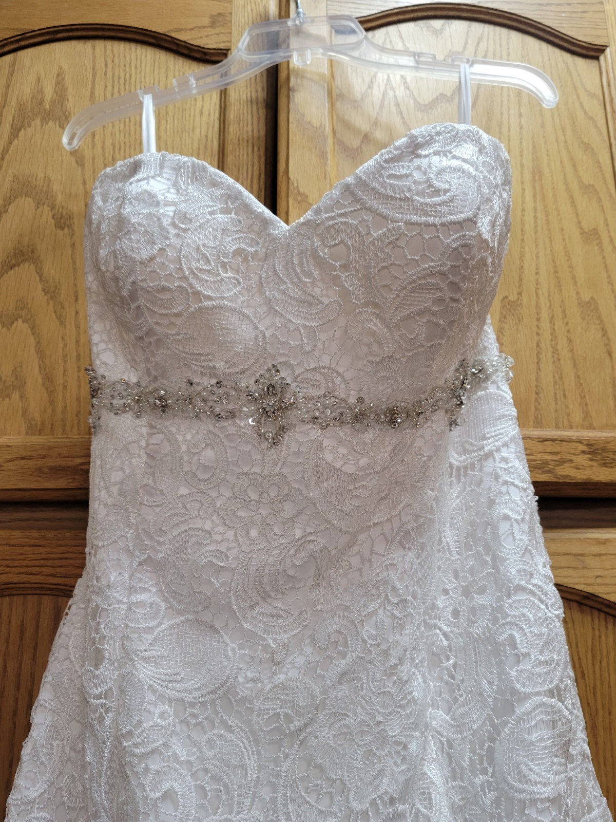 White Lace Overlay Wedding Dress, Fully Lined. Hi/Lo Style w/Sweetheart Neckline