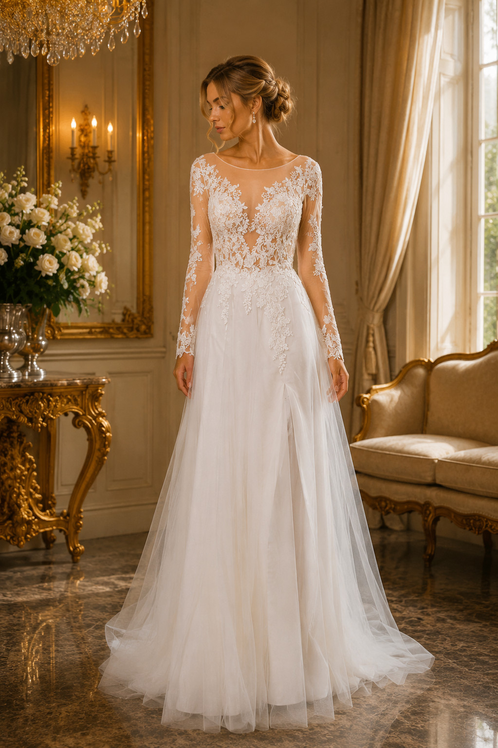 Wedding Dress 8 Off White Lace Embroidery Nude Illusion Tulle Ball Gown Slit