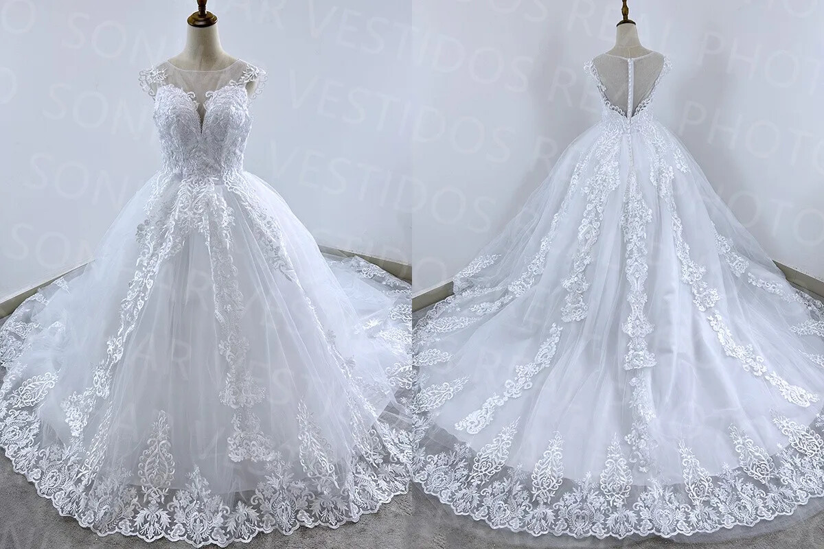 New White/Ivory WeddingDresses V-neck Lace Applique Train BridalGown Custom Size
