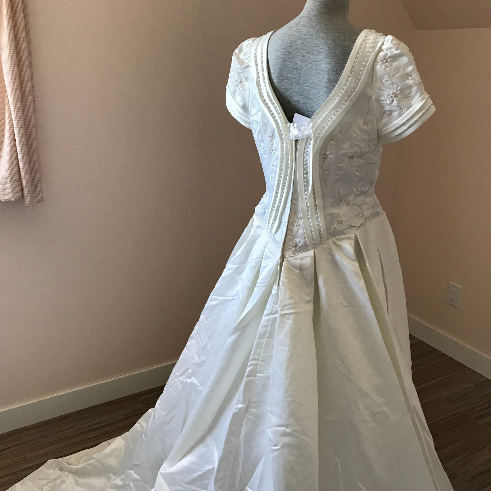 Bridal Originals Embroidered Satin Short Sleeve Wedding Gown Dress w/ Train