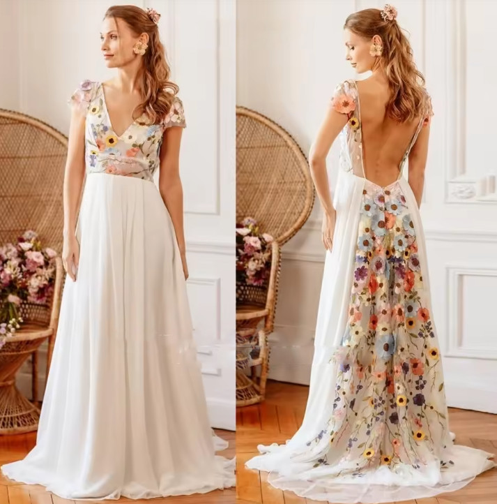 Colorful Embroidered Wedding Dress Women Backless Flowers Floral Bridal Gowns