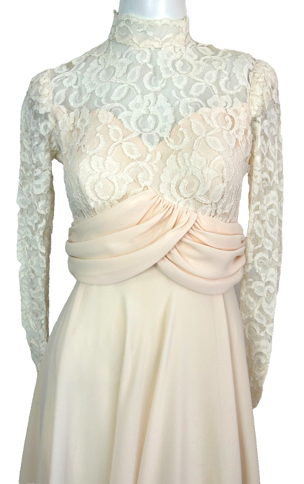80s Ursula Switzerland Wedding Dress Size 4 Midi Peach Lace Top Chiffon VGUC