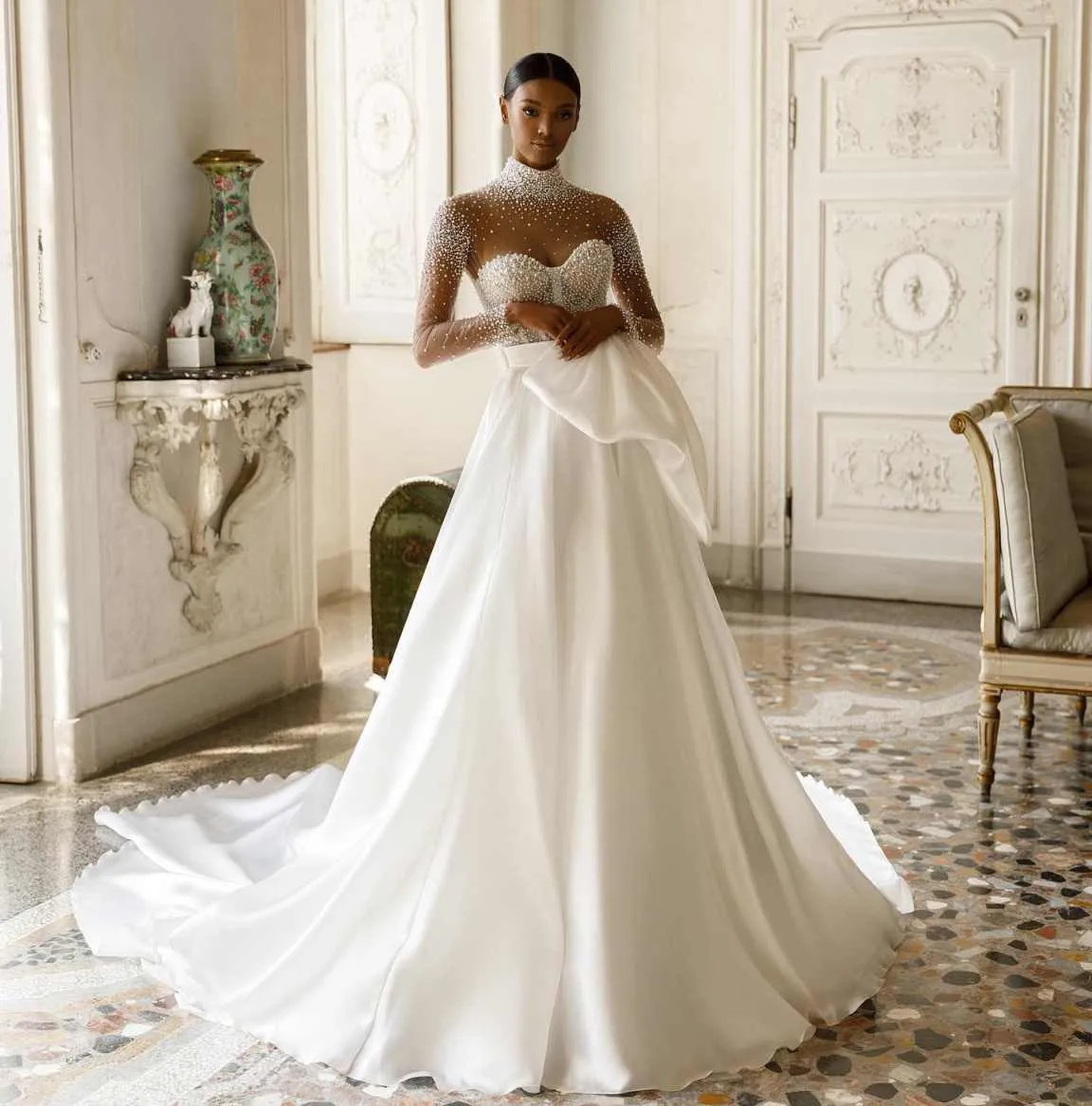 Luxury A Line Wedding Dresses High Neck Long Sleeves Satin Pearls Bridal Gowns