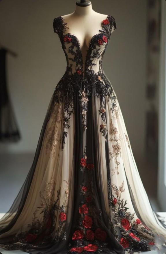 Vintage Gothic Black and Champagne Wedding Dresses with Florals Bridal Gowns