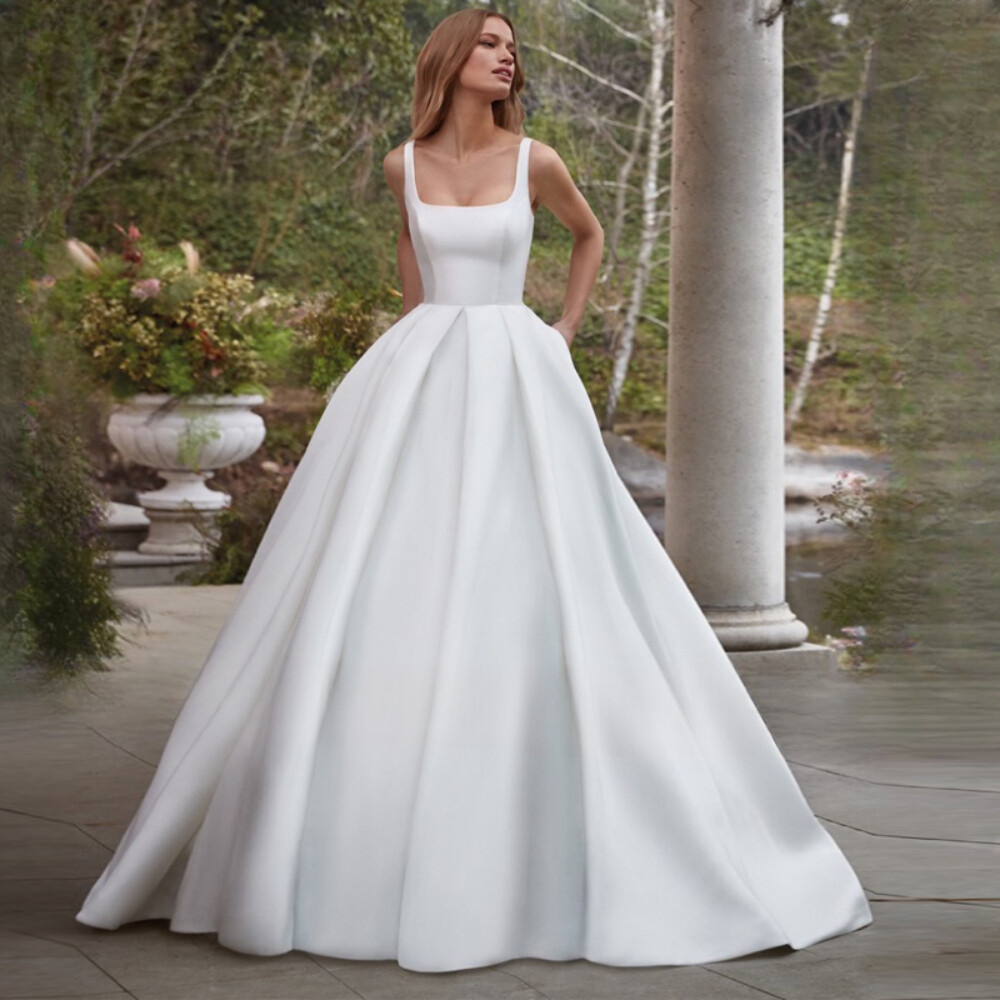 Simple Square Neck Sleeveless Backless Zipper Satin Wedding Dress with Pockets