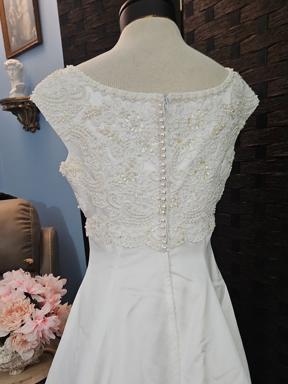 Alfred Angelo White Satin Beaded Bodice Wedding Gown with Sweep Train – Small