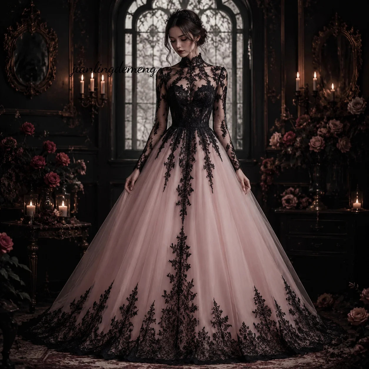 Dark Gothic Black Lace Blush Pink Tulle A Line Wedding Dress High Neck