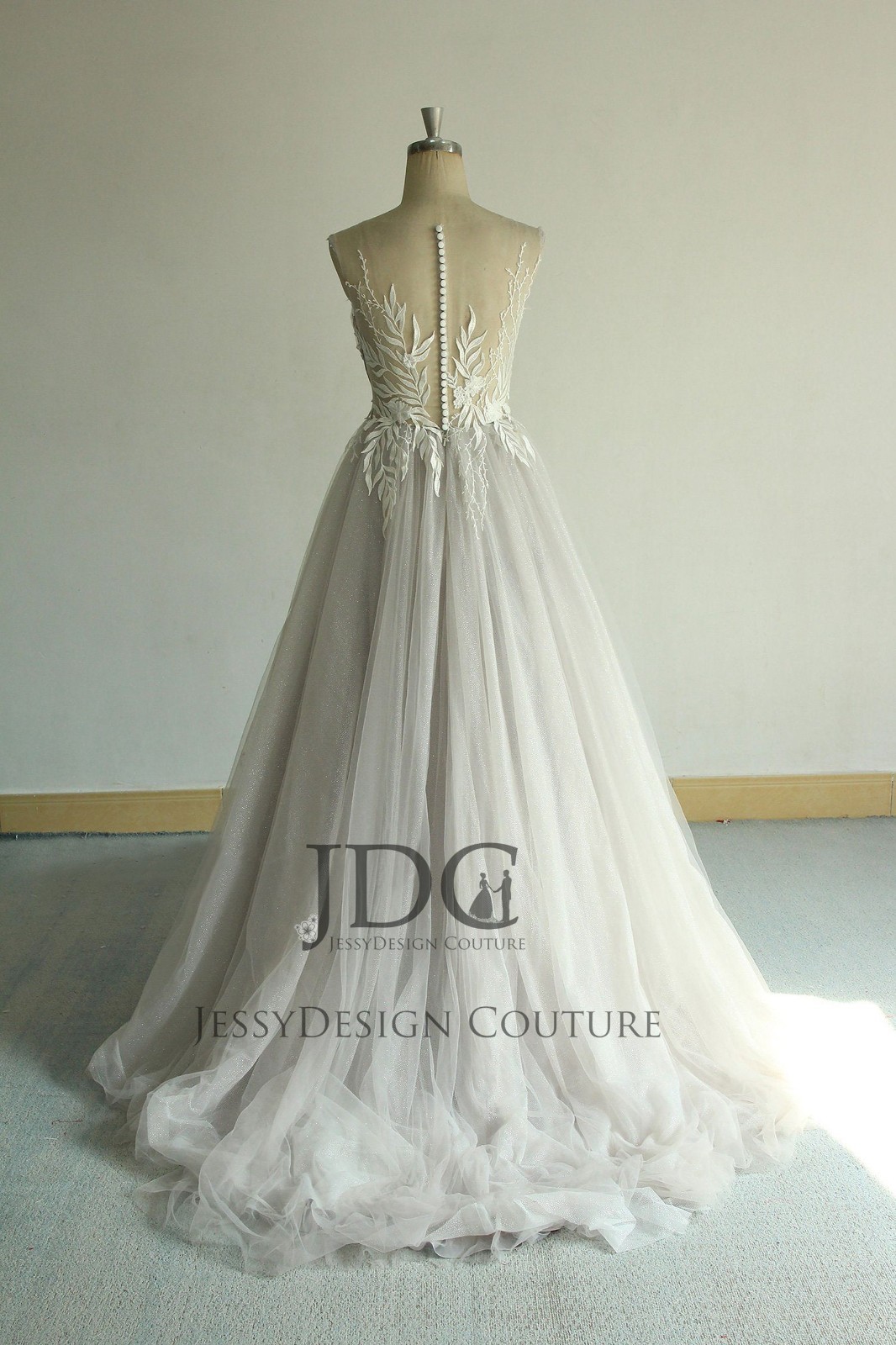 Silver grey glitter leaf lace wedding dress wedding dress 32-60 straps n.measurement