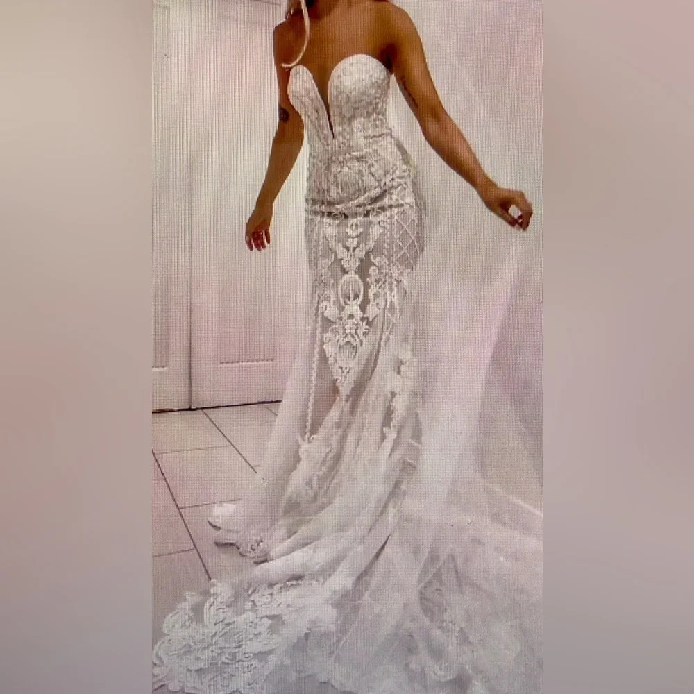 Oleg Cassini CWG878 Wedding Dress Size 12 Ivory Champagne Lace Mermaid NWT