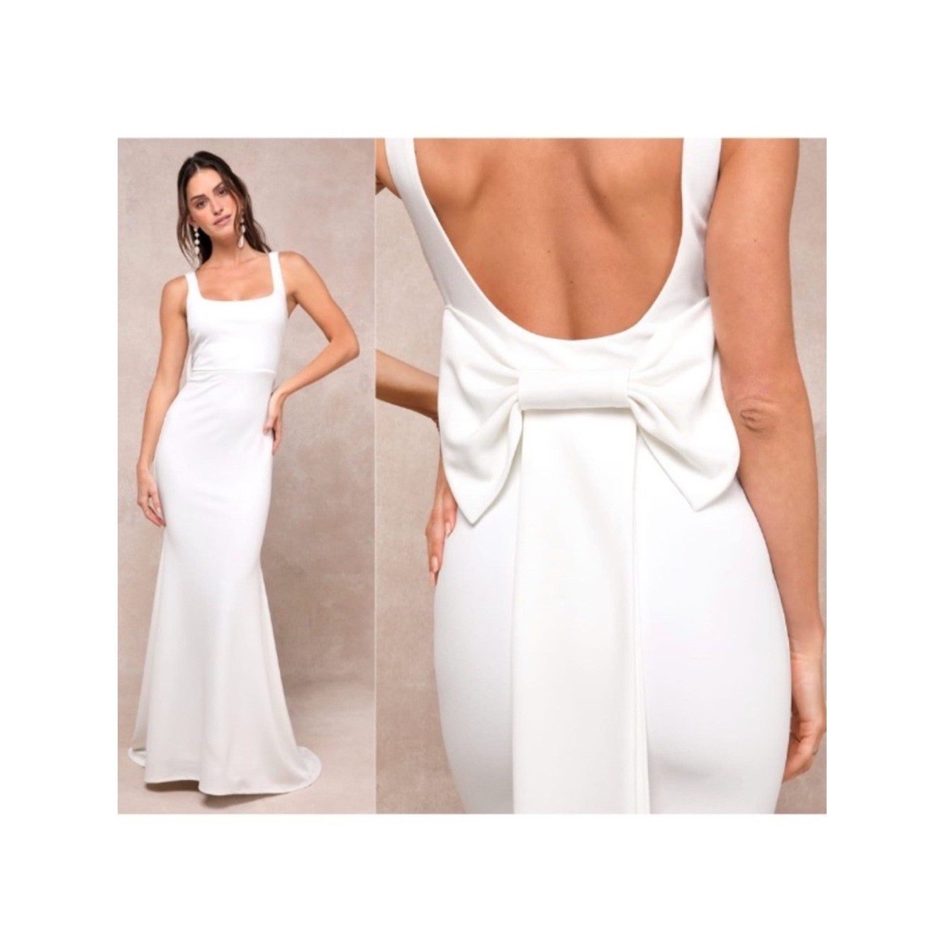 Lulus Loving Fate White Bow Square Neck Backless Maxi Long Dress, Size S, NWOT