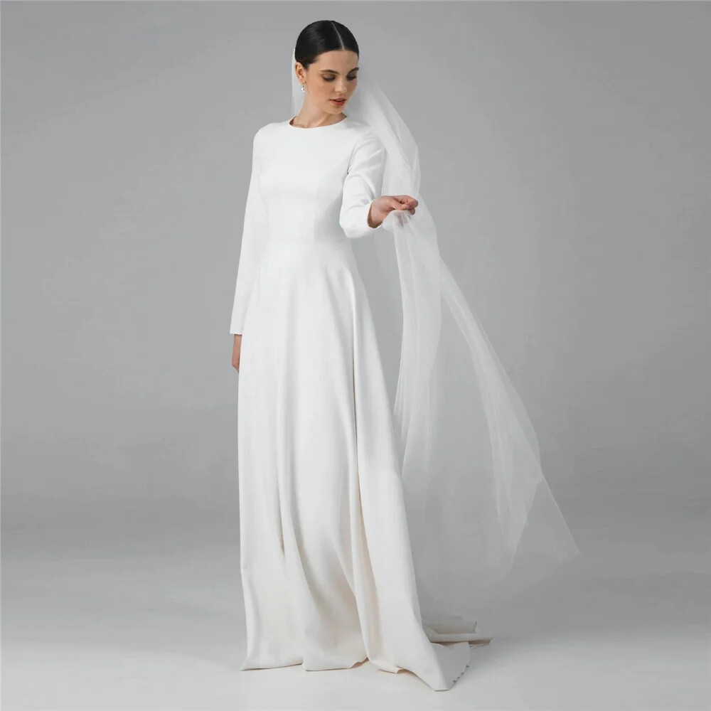 Simple A-Line Wedding Dresses Scoop Neck Long Sleeves Sweep Train Bridal Gowns