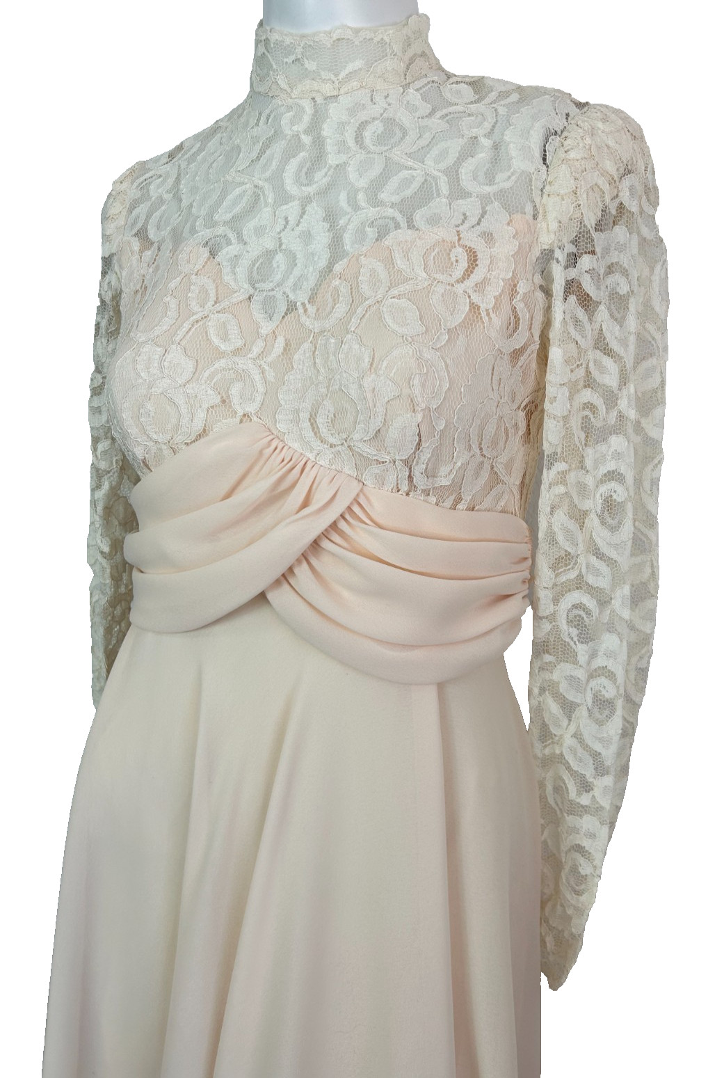 80s Ursula Switzerland Wedding Dress Size 4 Midi Peach Lace Top Chiffon VGUC