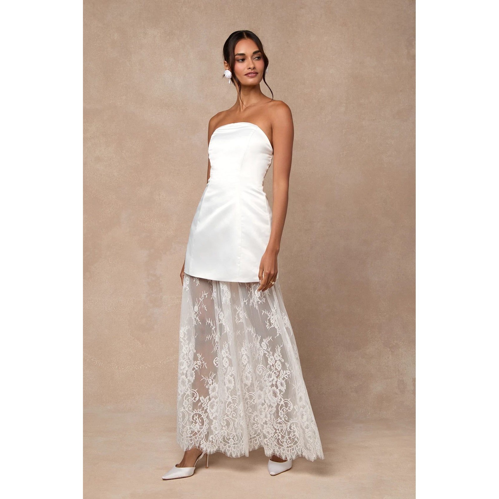 Lulus Winslet White Satin Sheer Hem Strapless Maxi Dress Satin & Lace Bridal XS