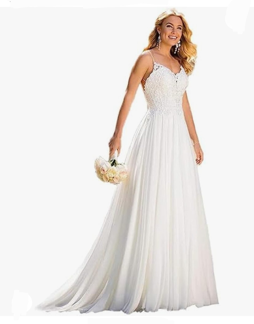 Ivory Backless Wedding Dress, Boho Beach A-line Spaghetti Straps Size 10