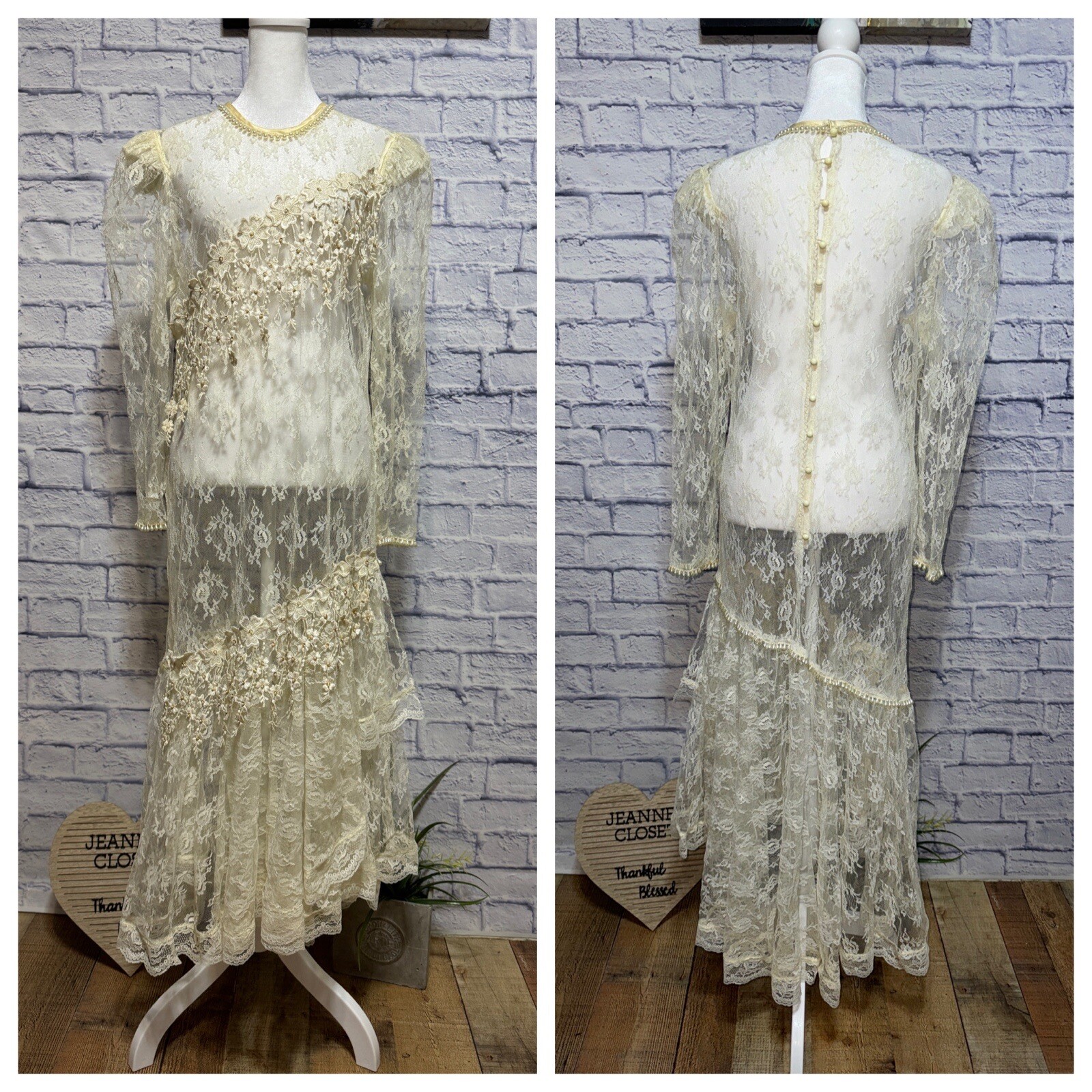 Vintage lace overlay slip appliqué ivory wedding lace dress Unbranded Size 16