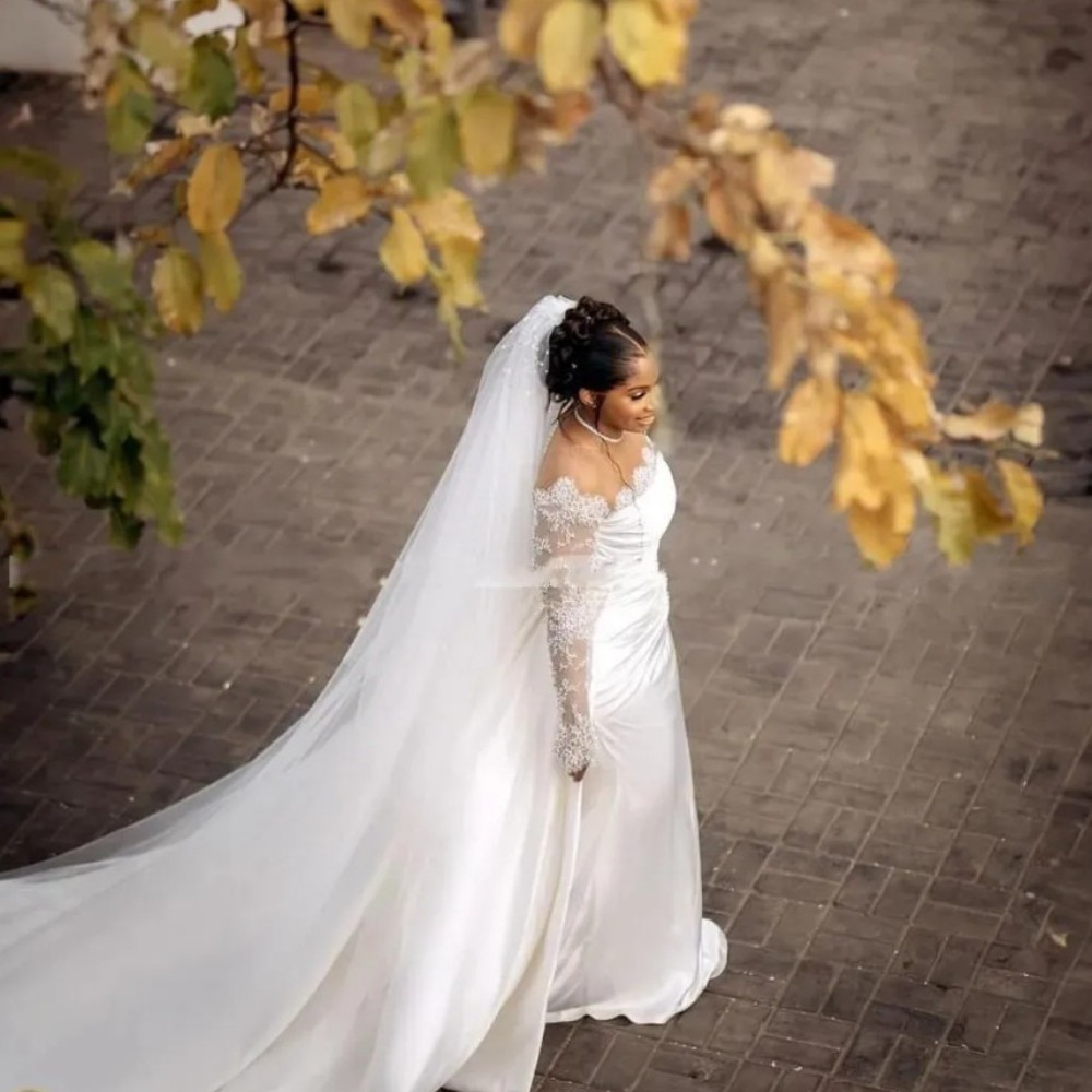 Sheer Neck Mermaid Wedding Dress with Detachable Long Sleeves Beaded Bridal Gown