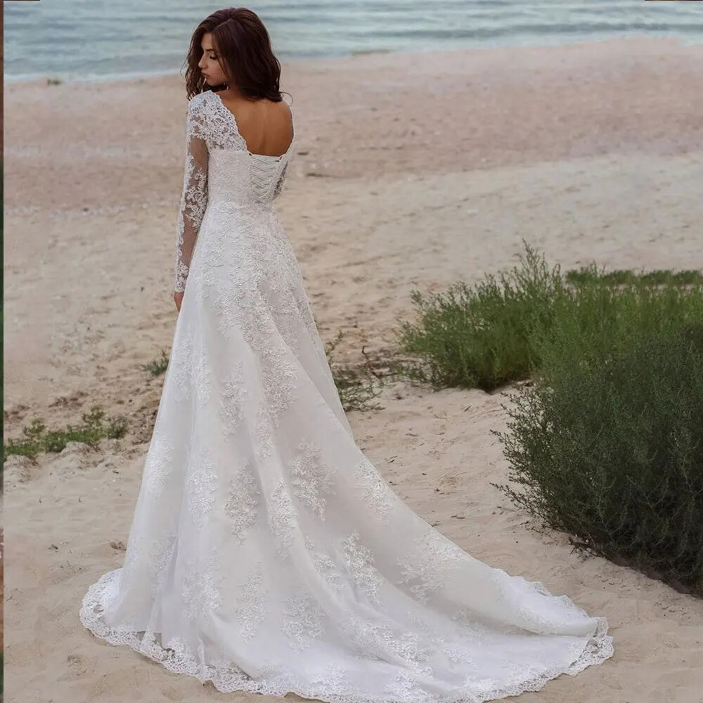 Lace Up A-line Wedding Dress V-neck Lace Applique Long Sleeves Boho Bridal Gowns