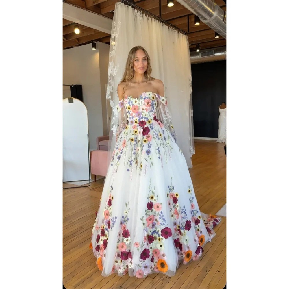 Off Shoulder Puff Sleeve Colorful Floral Embroidery Tulle A Line Wedding Dresses
