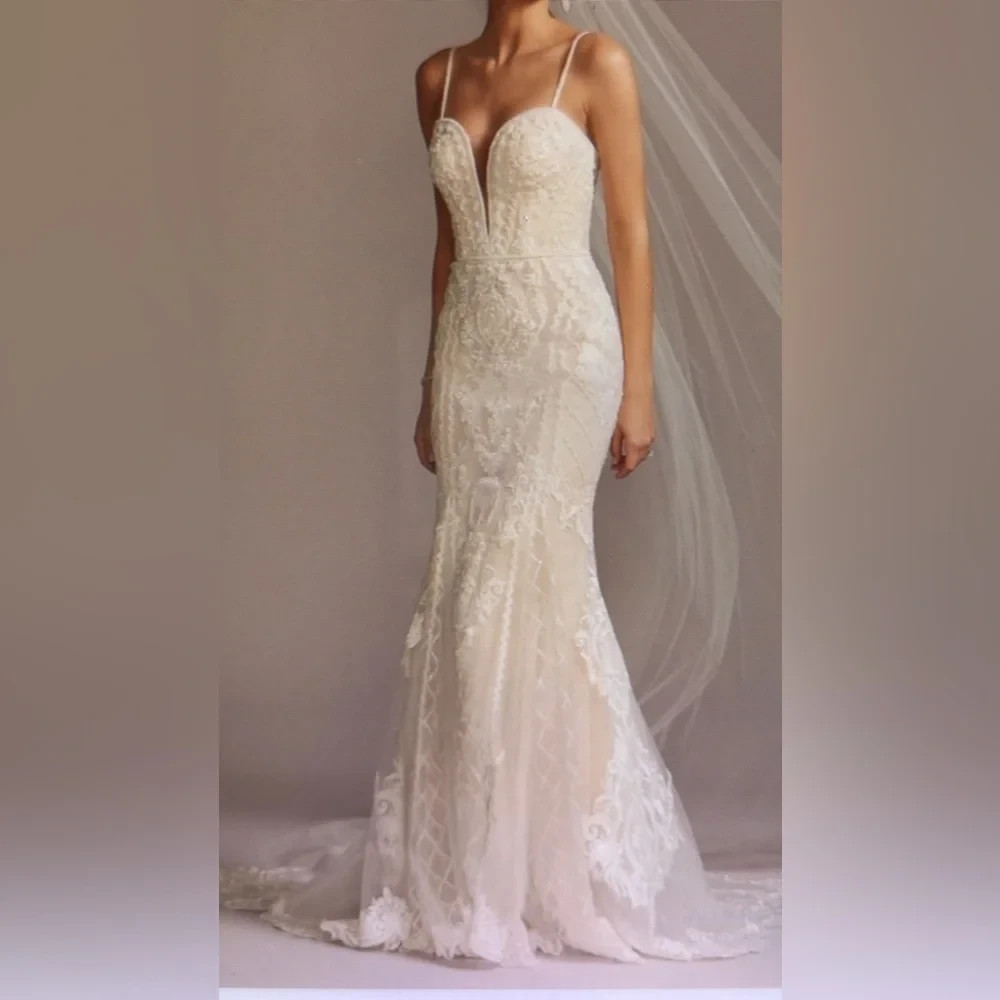 Oleg Cassini CWG878 Wedding Dress Size 12 Ivory Champagne Lace Mermaid NWT
