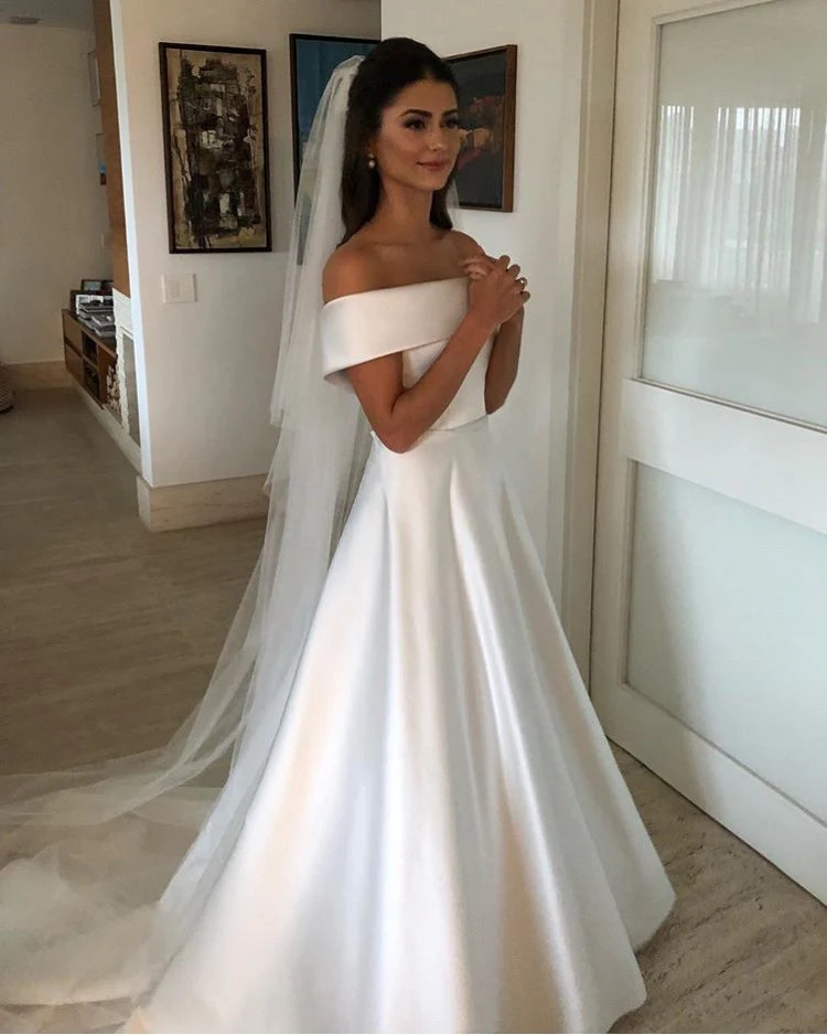 A Line Wedding Dresses Satin Off The Shoulder Sweep Train Zipper With Buttons