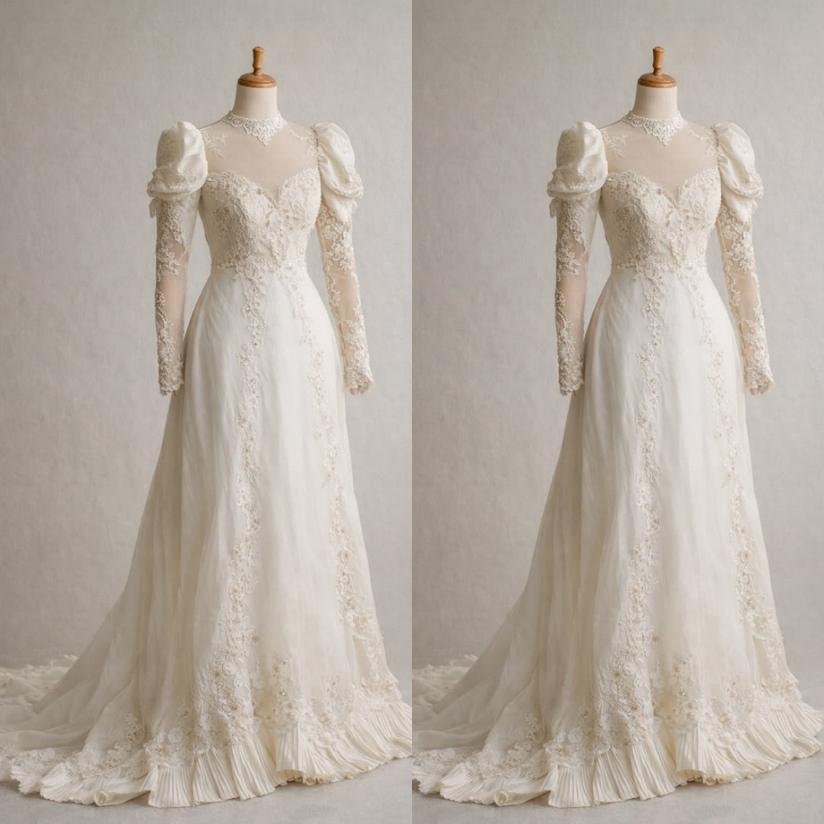 Long Sleeves Wedding Dresses Vintage A Line Ivory White with Train Bridal Gowns