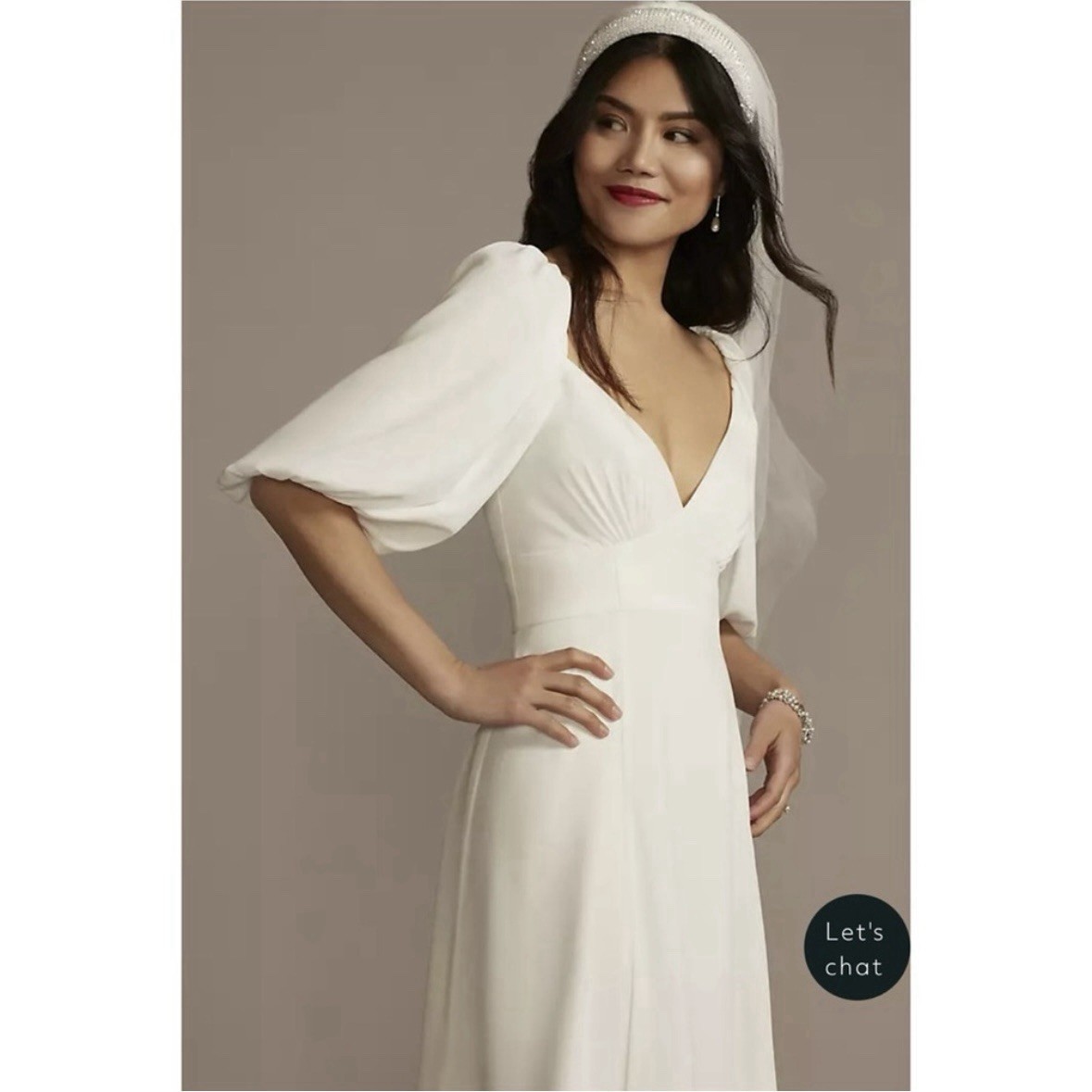 David’s Bridal Classic White V-Neck Short Sleeve A-Line Full-Length 12