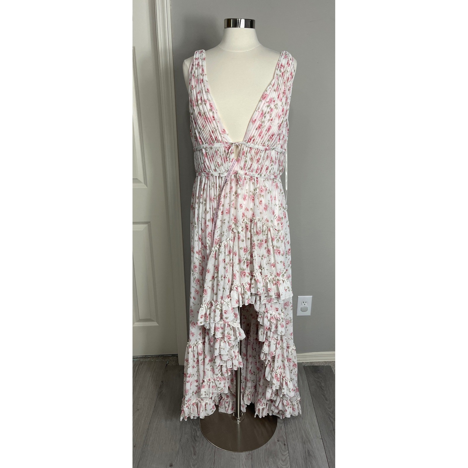 Mac Duggal 50659 Pink Floral Maxi Dress Ruffle Tiered Plunge Formal Dress