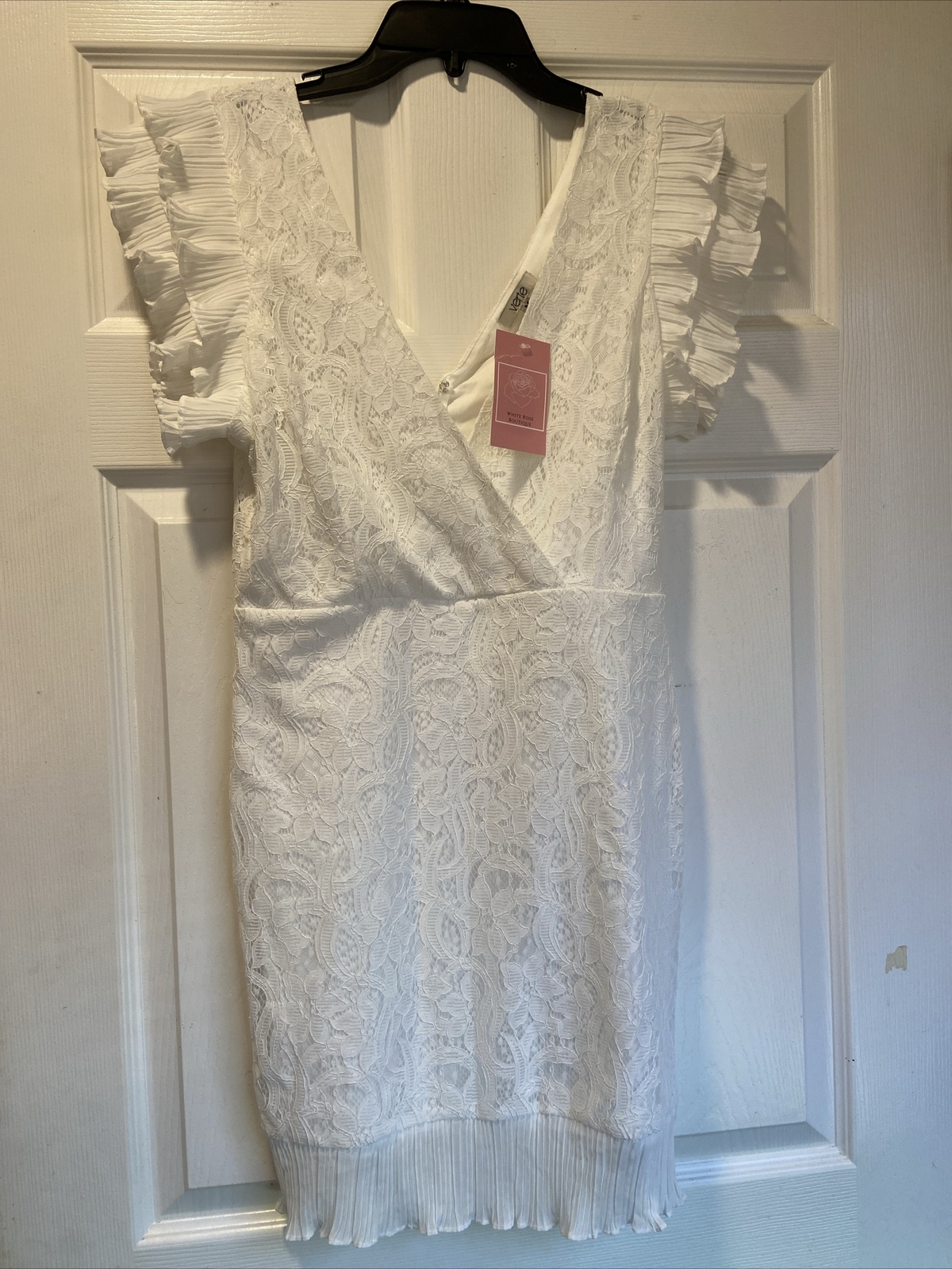 White Floral Lace Bodycon Ruffle Bridal Wedding Mini Dress Size Medium