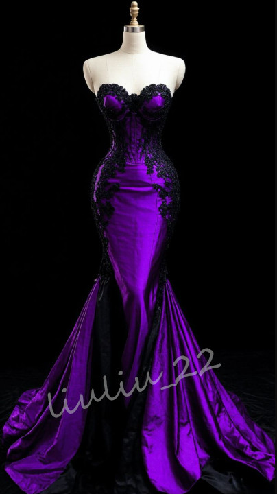 Dark Purple Satin Mermaid Wedding Dresses Sweep Train Lace Applique Bridal Gowns