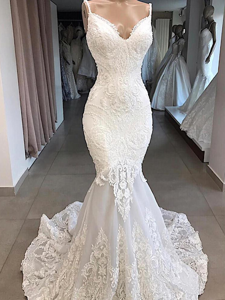 Elegant Mermaid Wedding Dresses Sexy Lace Appliques Sweep Train Bridal Gowns
