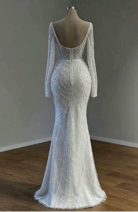 Custom White Mermaid Wedding Dresses With Detachable Train Long Sleeves Pearls