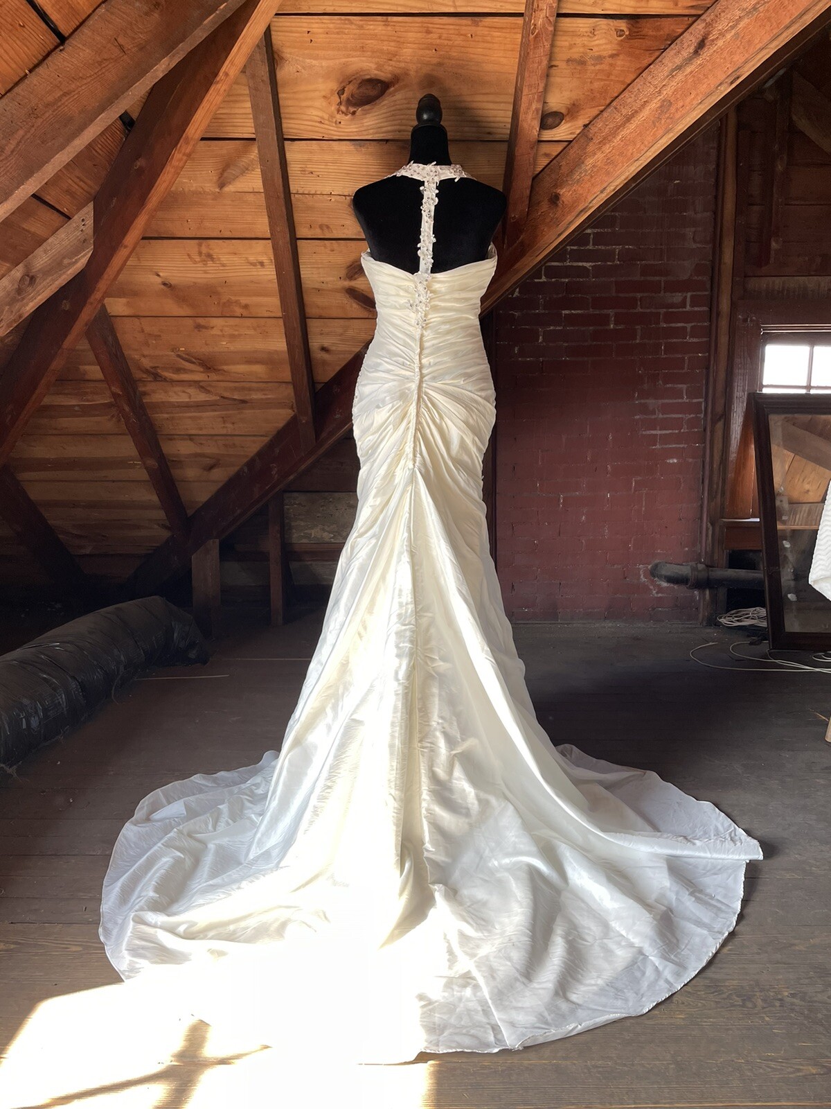 Off White or champaine color roush dress with lace straps and t shape back