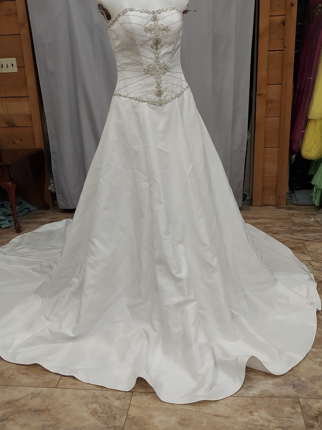Eden Bridal White Pearl Beaded Gem Cementrical Train Adjustable Lace Down Back