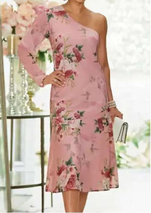 size 10 Pink Floral Aviana One-Shoulder One Sleeve Dress from Midnight Velvet