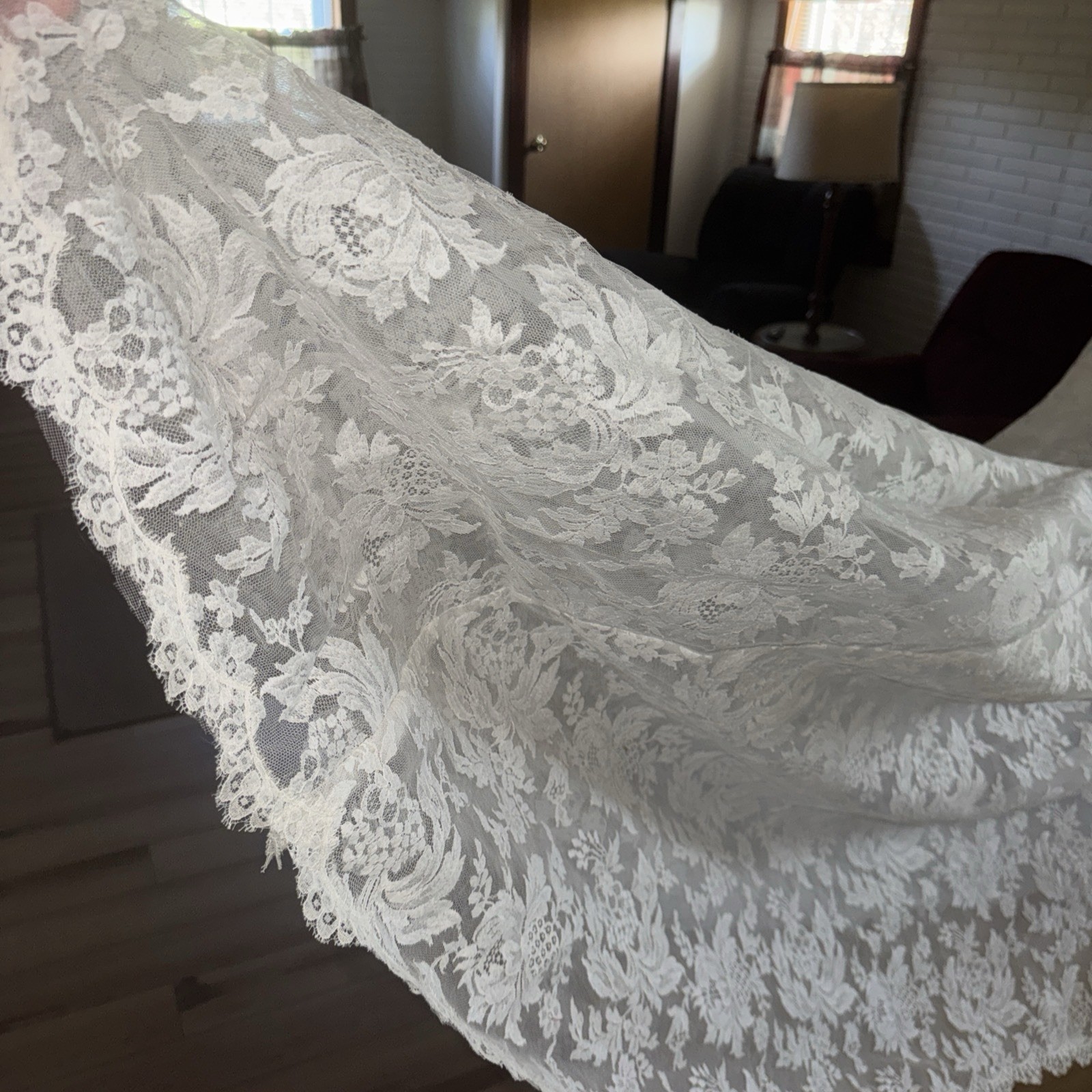 Ivory Lace Beaded Long Sleeve A-Line Full-Length Wedding Dress Scoop Neck