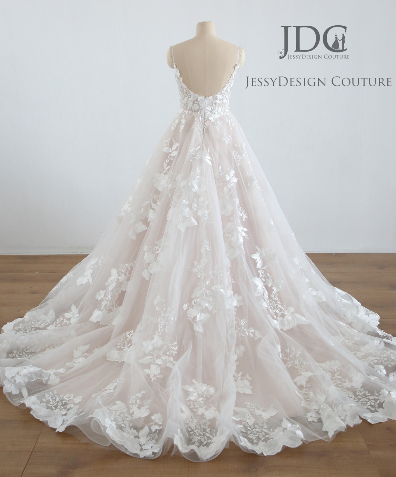 Floral Lace Wedding Dress Ball Gown Custom made 2-28W Plus Glitter Tulle Blush