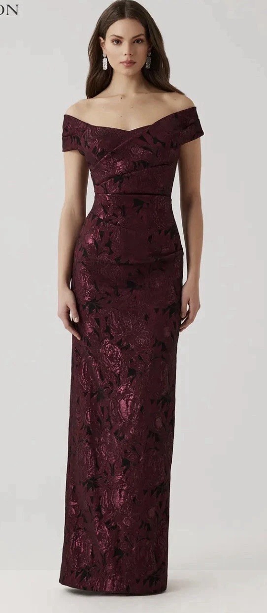 Teri Jon By Rickie Freeman Floral Stretch Jacquard Off-the-Shoulder Ruched Gown