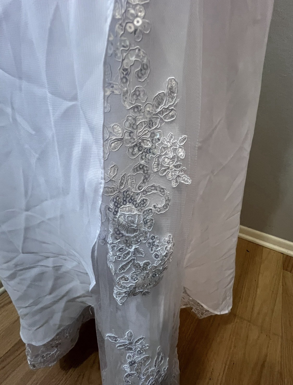 #42-7 White Square Neck Lace Beaded Sequin Wedding Dress Full Length Zip Lrg 14