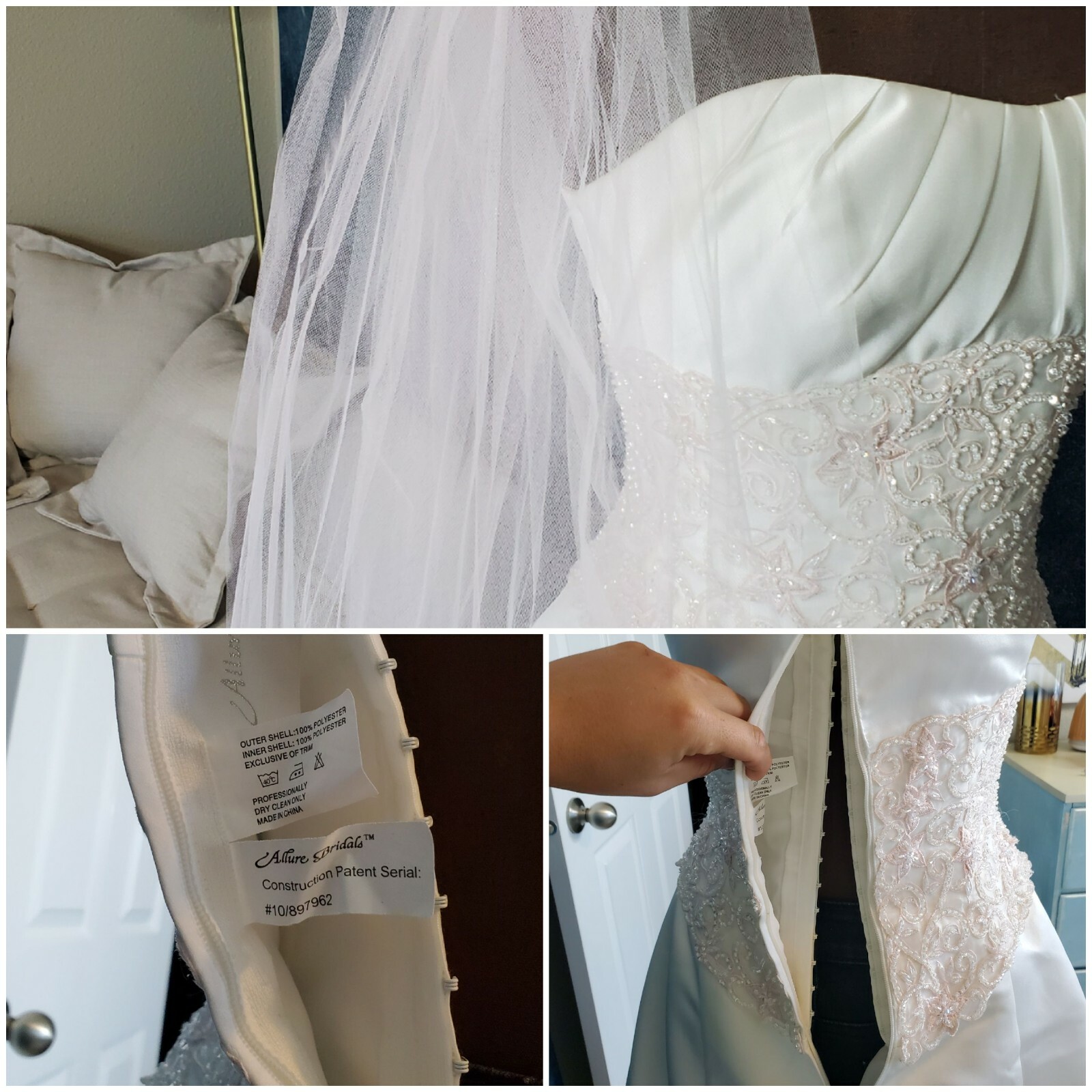 Allure Bridal Gown Sweetheart White Pink Star Bead Strapless Wedding Dress Veil