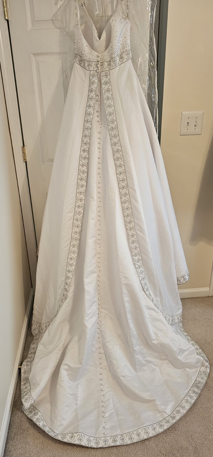 White Silver Ball Gown Wedding Dress Sleeveless V-Neck Beading Train Buttons